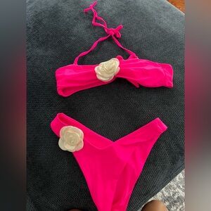 SHEIN Hot Pink Bikini with White Floral Accents